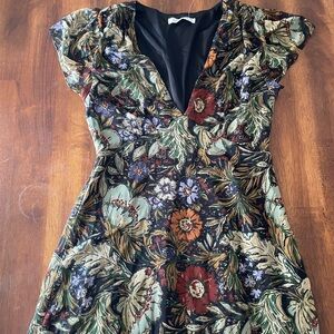 12th Tribe Black Floral V-Neck Dress with Green and Red Accents